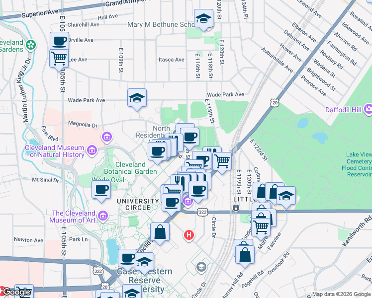 map of restaurants, bars, coffee shops, grocery stores, and more near 1693 E 115th St in Cleveland