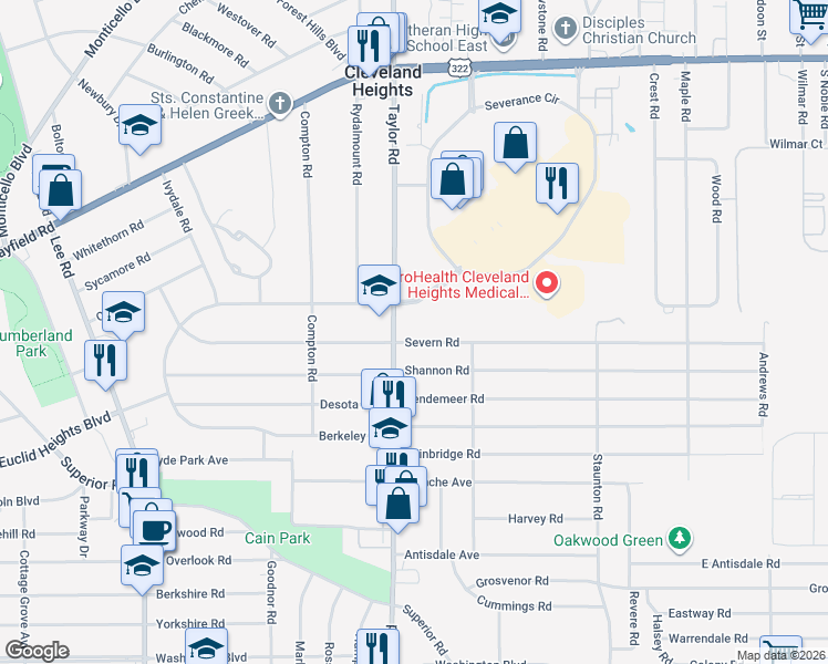 map of restaurants, bars, coffee shops, grocery stores, and more near 3486 Severn Road in Cleveland Heights