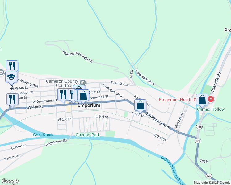 map of restaurants, bars, coffee shops, grocery stores, and more near 304 East Allegany Avenue in Emporium