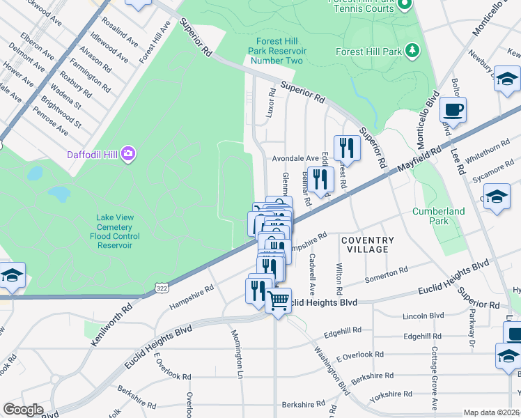 map of restaurants, bars, coffee shops, grocery stores, and more near 1724 Coventry Road in Cleveland Heights
