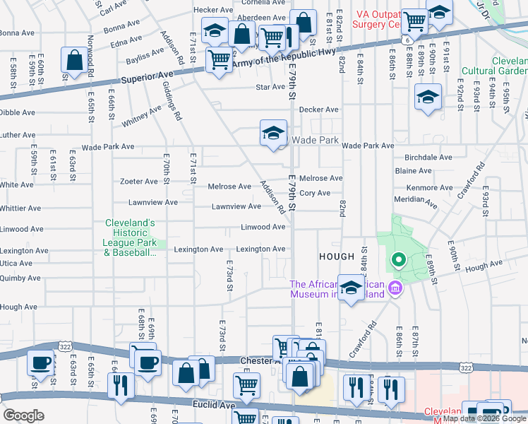 map of restaurants, bars, coffee shops, grocery stores, and more near 7519 Linwood Avenue in Cleveland