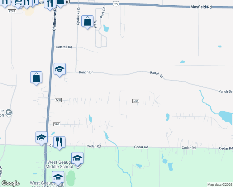 map of restaurants, bars, coffee shops, grocery stores, and more near 8712 Camelot Drive in Chesterland