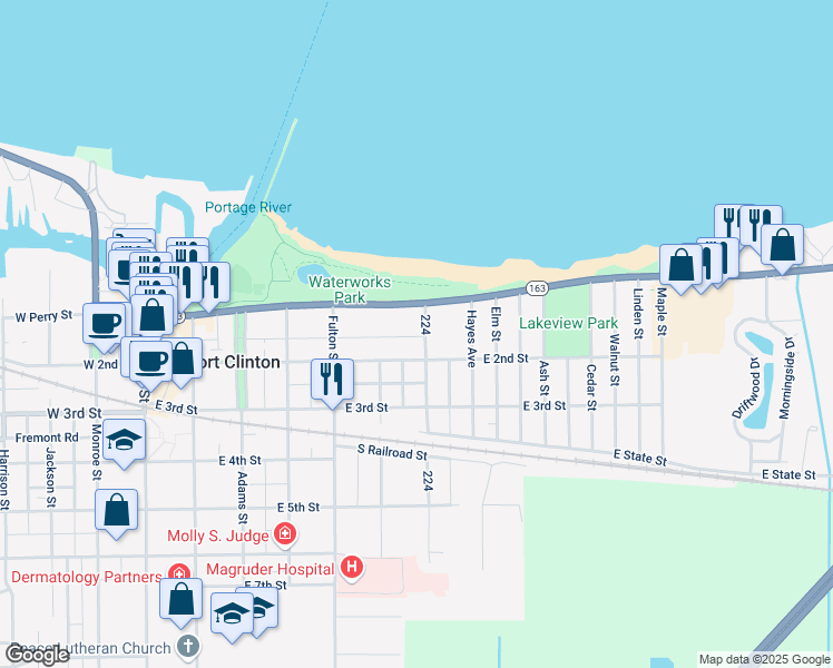 map of restaurants, bars, coffee shops, grocery stores, and more near in Port Clinton