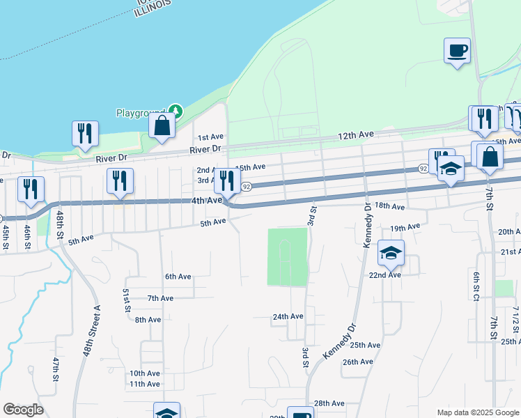 map of restaurants, bars, coffee shops, grocery stores, and more near 152 17th Avenue in East Moline