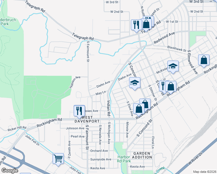 map of restaurants, bars, coffee shops, grocery stores, and more near 3236 Indian Rd in Davenport