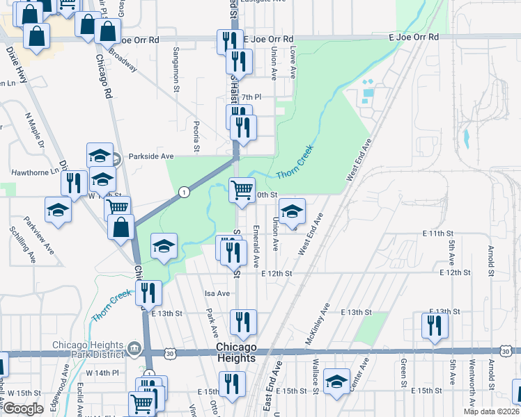 map of restaurants, bars, coffee shops, grocery stores, and more near 1015 Emerald Avenue in Chicago Heights