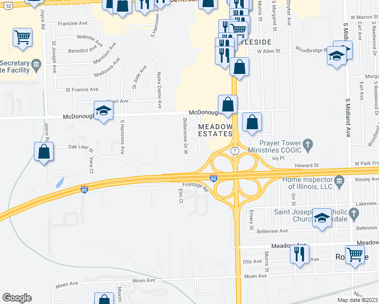 map of restaurants, bars, coffee shops, grocery stores, and more near 520 Bellarmine Drive West in Joliet
