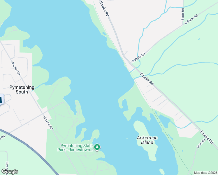 map of restaurants, bars, coffee shops, grocery stores, and more near Pymatuning State Park Trail in Jamestown