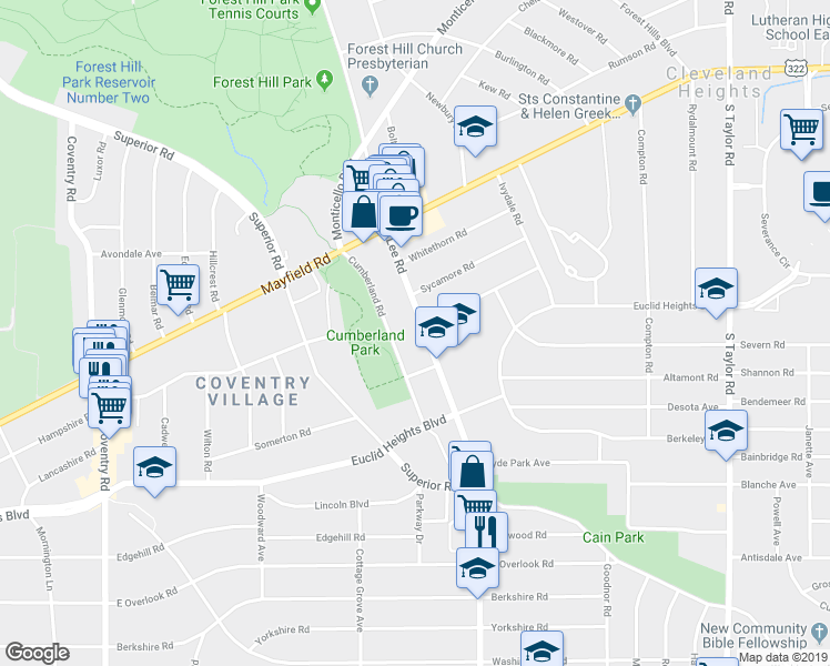 map of restaurants, bars, coffee shops, grocery stores, and more near 1717 Cumberland Road in Cleveland Heights