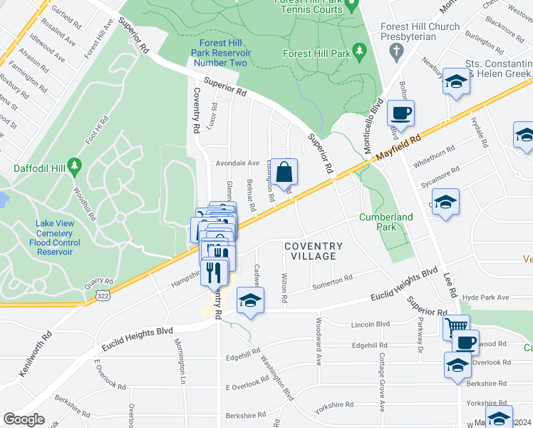 map of restaurants, bars, coffee shops, grocery stores, and more near in Cleveland Heights