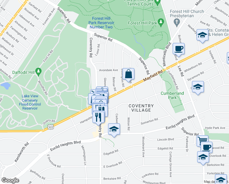 map of restaurants, bars, coffee shops, grocery stores, and more near 2866 Mayfield Road in Cleveland Heights