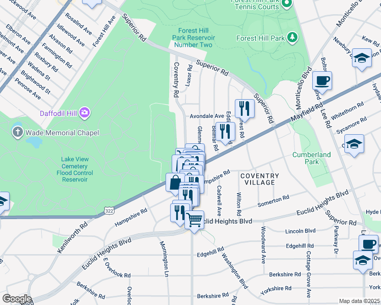 map of restaurants, bars, coffee shops, grocery stores, and more near 1724 Coventry Road in Cleveland Heights