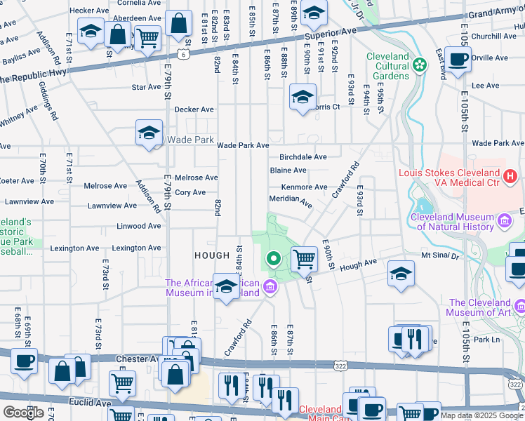 map of restaurants, bars, coffee shops, grocery stores, and more near 1622 East 85th Street in Cleveland