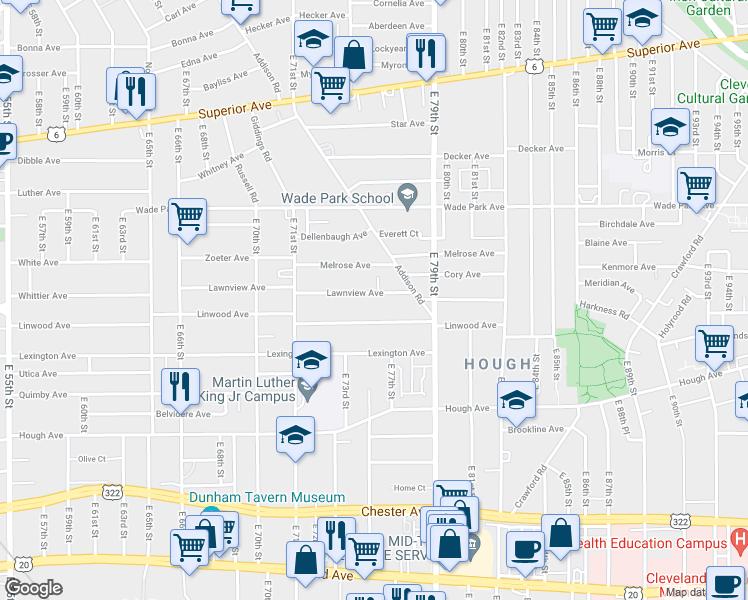 map of restaurants, bars, coffee shops, grocery stores, and more near 7519 Linwood Avenue in Cleveland