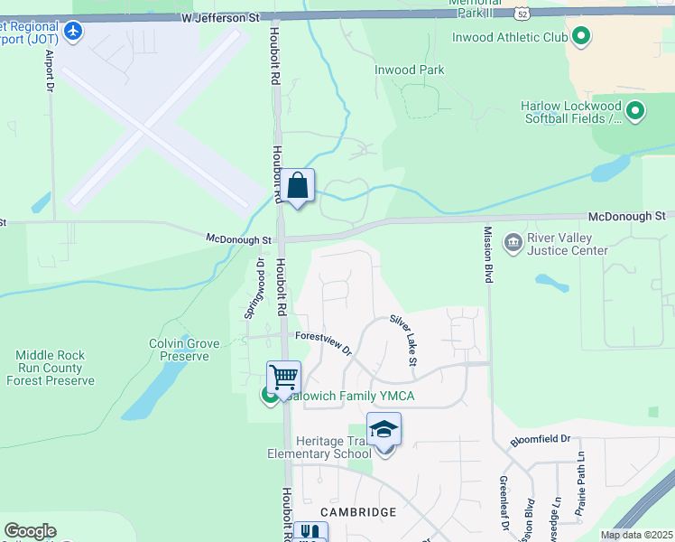 map of restaurants, bars, coffee shops, grocery stores, and more near 3515 Silver Leaf Drive in Joliet