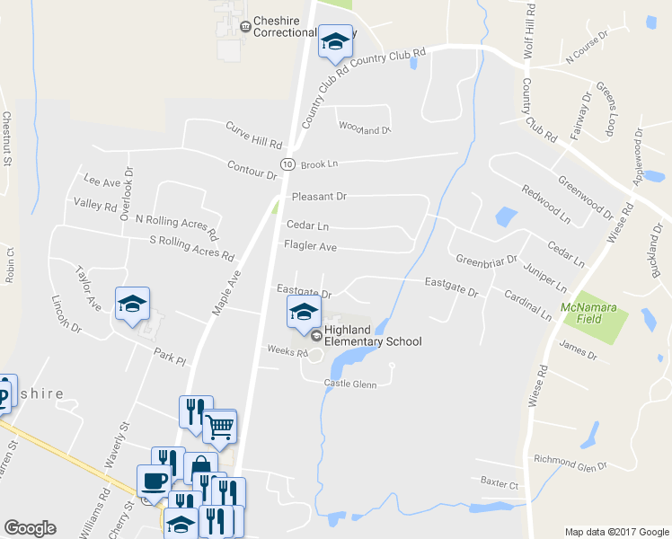map of restaurants, bars, coffee shops, grocery stores, and more near 30 Gardner Court in Cheshire