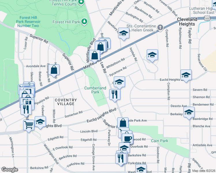 map of restaurants, bars, coffee shops, grocery stores, and more near 1717 Cumberland Road in Cleveland Heights