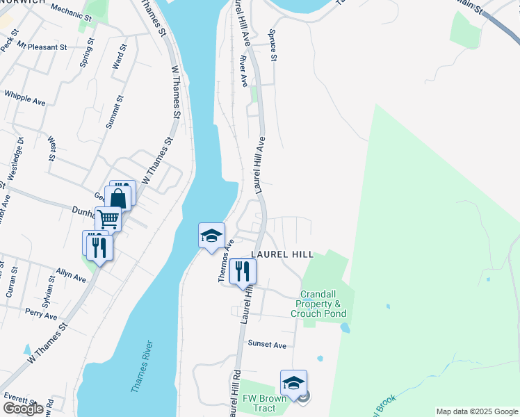 map of restaurants, bars, coffee shops, grocery stores, and more near 315 Laurel Hill Avenue in Norwich