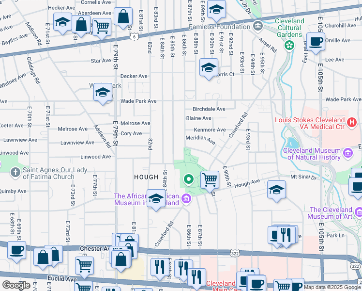 map of restaurants, bars, coffee shops, grocery stores, and more near 1601 East 85th Street in Cleveland