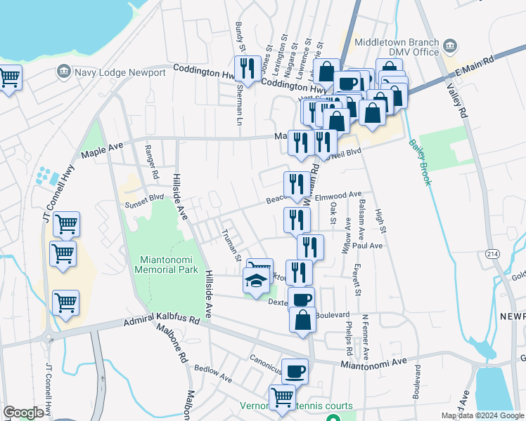 map of restaurants, bars, coffee shops, grocery stores, and more near 78 Beacon Street in Middletown