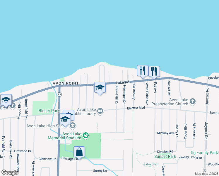 map of restaurants, bars, coffee shops, grocery stores, and more near 32599 Lake Road in Avon Lake