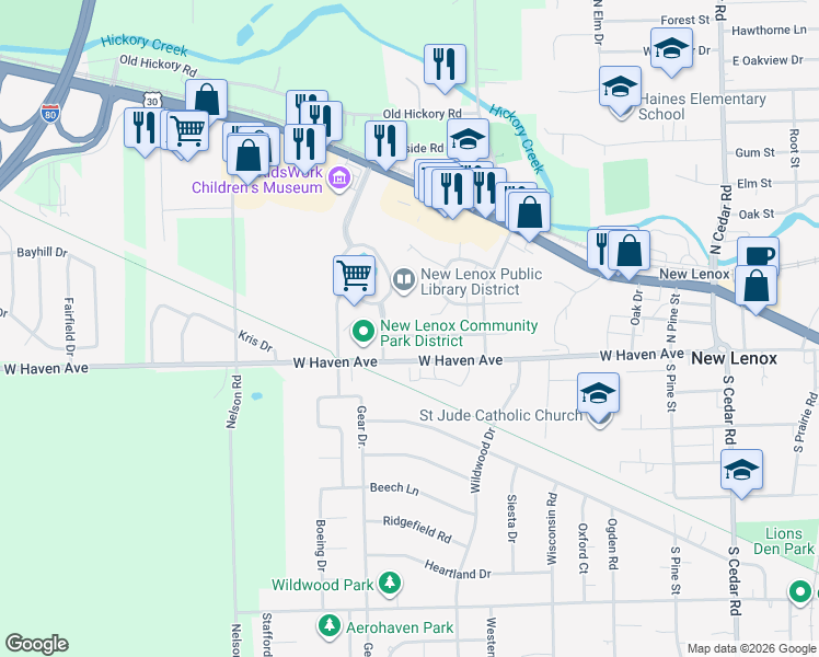 map of restaurants, bars, coffee shops, grocery stores, and more near 617 Livingston Drive in New Lenox