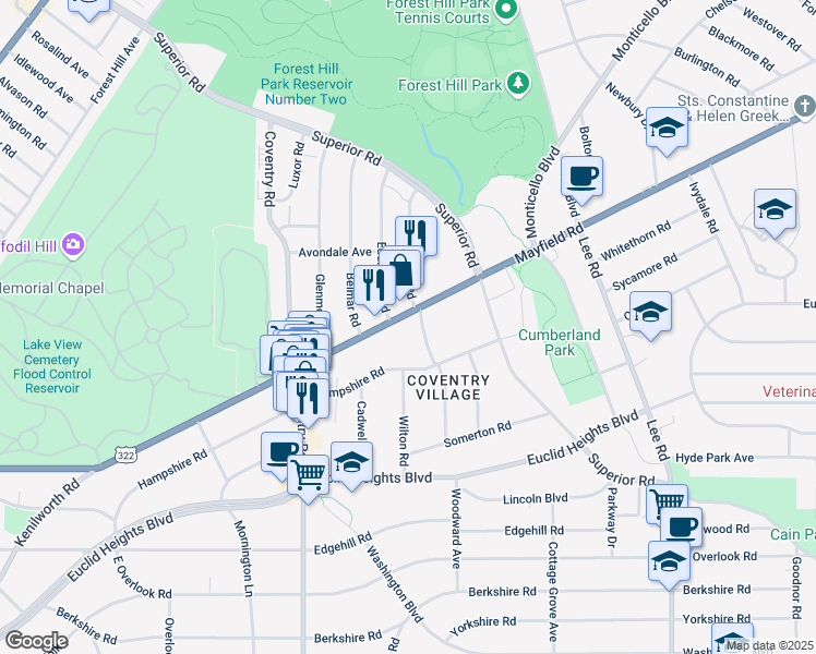 map of restaurants, bars, coffee shops, grocery stores, and more near 2888 Mayfield Road in Cleveland Heights