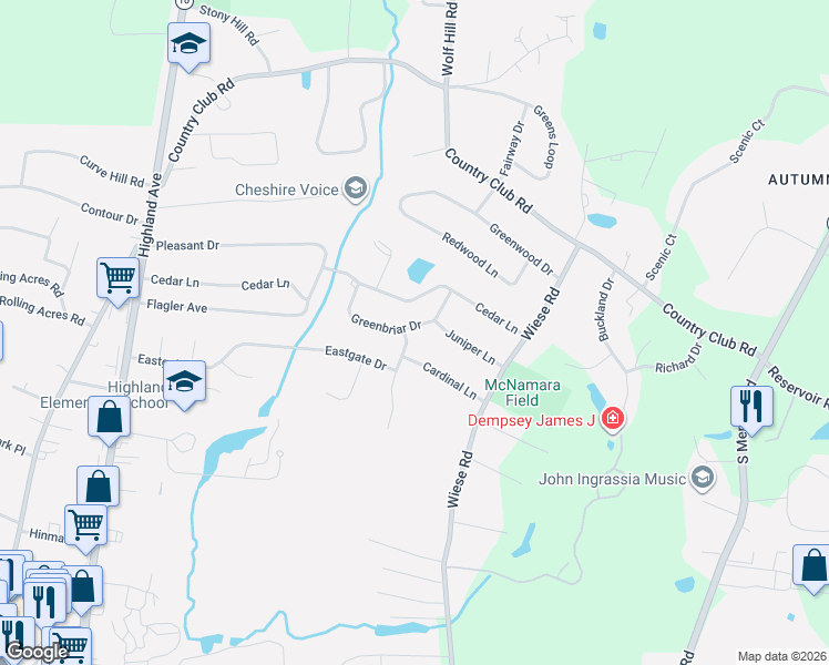 map of restaurants, bars, coffee shops, grocery stores, and more near 480 Budding Ridge Road in Cheshire