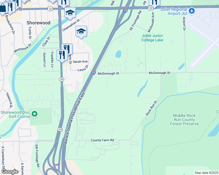 map of restaurants, bars, coffee shops, grocery stores, and more near McDonough Street in Joliet