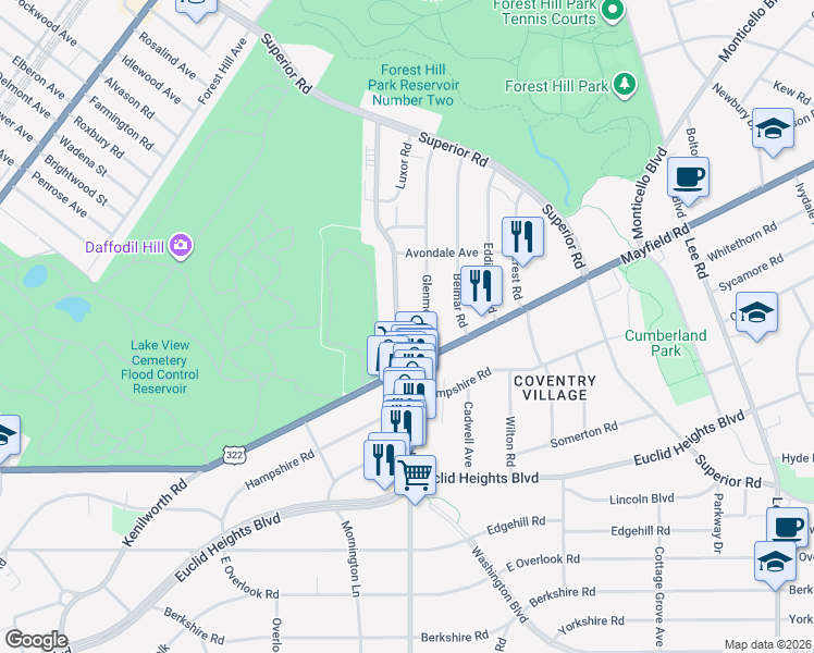 map of restaurants, bars, coffee shops, grocery stores, and more near 1724 Coventry Road in Cleveland Heights