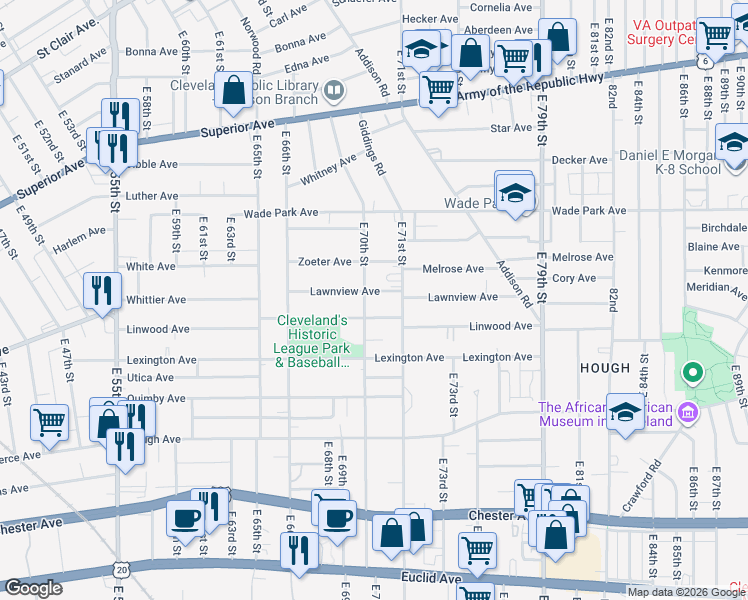 map of restaurants, bars, coffee shops, grocery stores, and more near 7017 Linwood Avenue in Cleveland