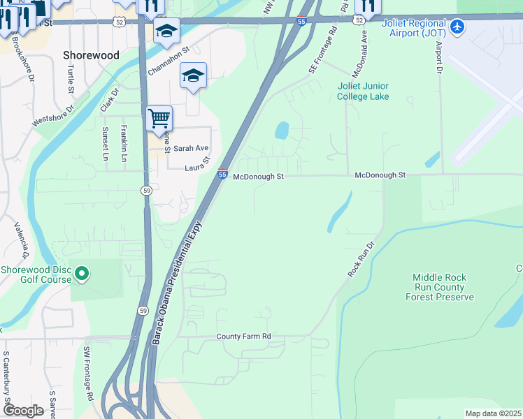 map of restaurants, bars, coffee shops, grocery stores, and more near McDonough Street in Joliet
