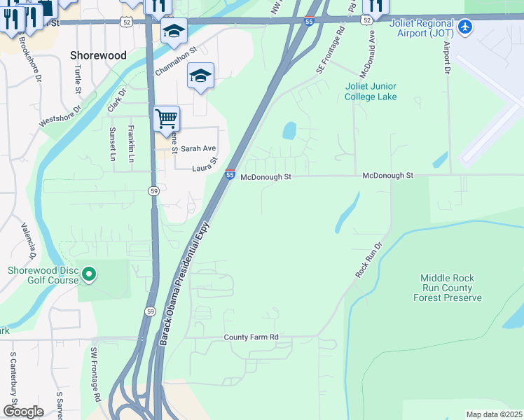 map of restaurants, bars, coffee shops, grocery stores, and more near McDonough Street in Joliet