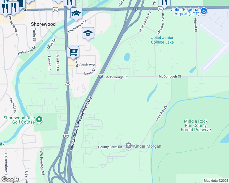 map of restaurants, bars, coffee shops, grocery stores, and more near McDonough Street in Joliet