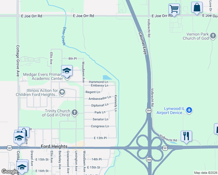 map of restaurants, bars, coffee shops, grocery stores, and more near 1536 Ambassador Lane in Ford Heights