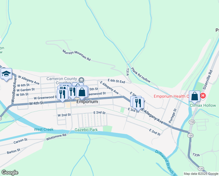 map of restaurants, bars, coffee shops, grocery stores, and more near 301 East 5th Saint Exd in Emporium