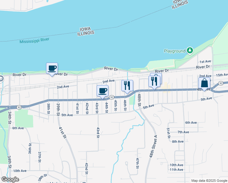 map of restaurants, bars, coffee shops, grocery stores, and more near 239 45th Street in Moline