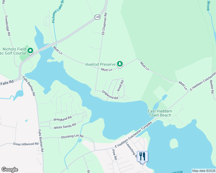 map of restaurants, bars, coffee shops, grocery stores, and more near 4 Old Acres Road in East Haddam