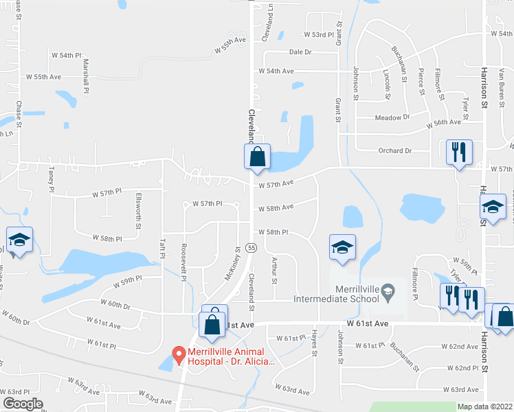 map of restaurants, bars, coffee shops, grocery stores, and more near 5797 Cleveland Street in Merrillville