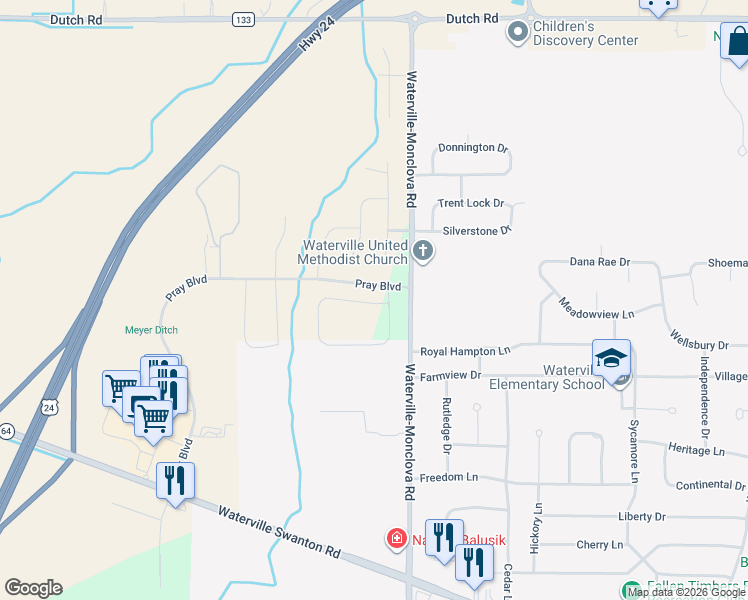 map of restaurants, bars, coffee shops, grocery stores, and more near 7250 Waterville Monclova Road in Waterville