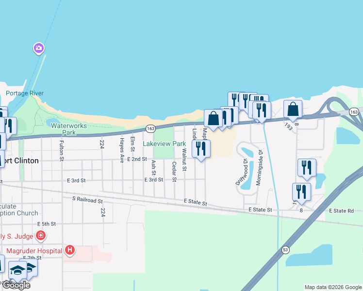 map of restaurants, bars, coffee shops, grocery stores, and more near 135 Walnut Street in Port Clinton
