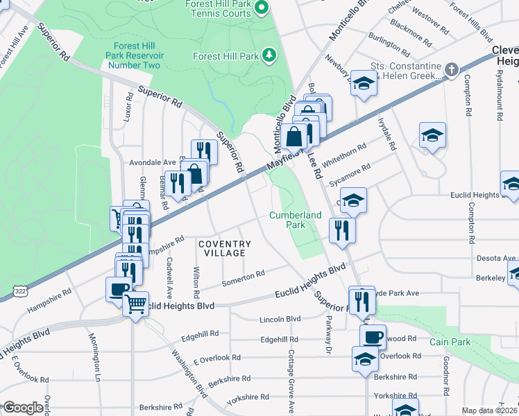 map of restaurants, bars, coffee shops, grocery stores, and more near 14287 Superior Road in Cleveland Heights