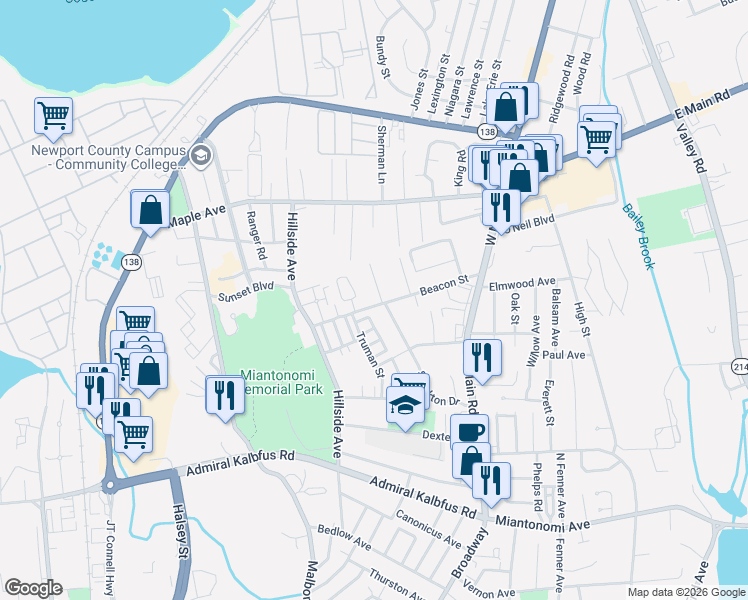 map of restaurants, bars, coffee shops, grocery stores, and more near 123 Beacon Street in Newport