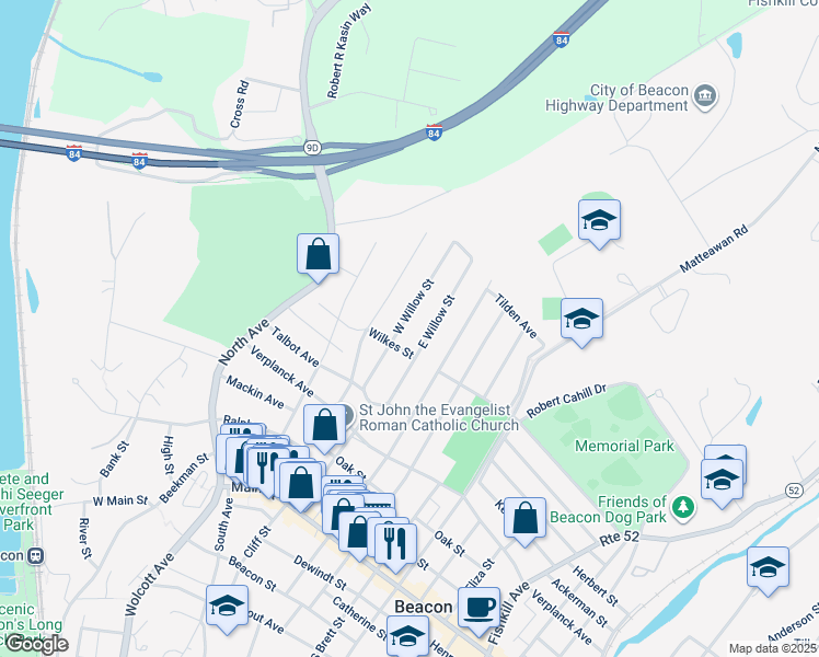 map of restaurants, bars, coffee shops, grocery stores, and more near 49 East Willow Street in Beacon