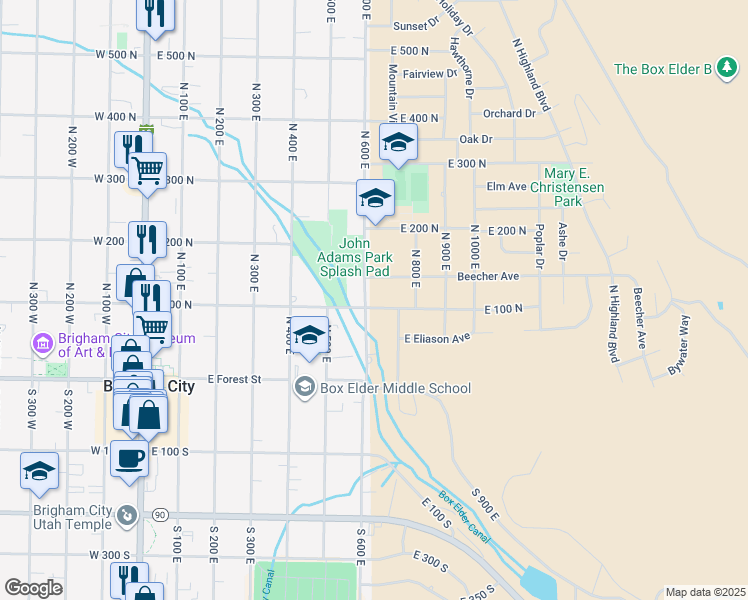 map of restaurants, bars, coffee shops, grocery stores, and more near 611 East 100 North in Brigham City