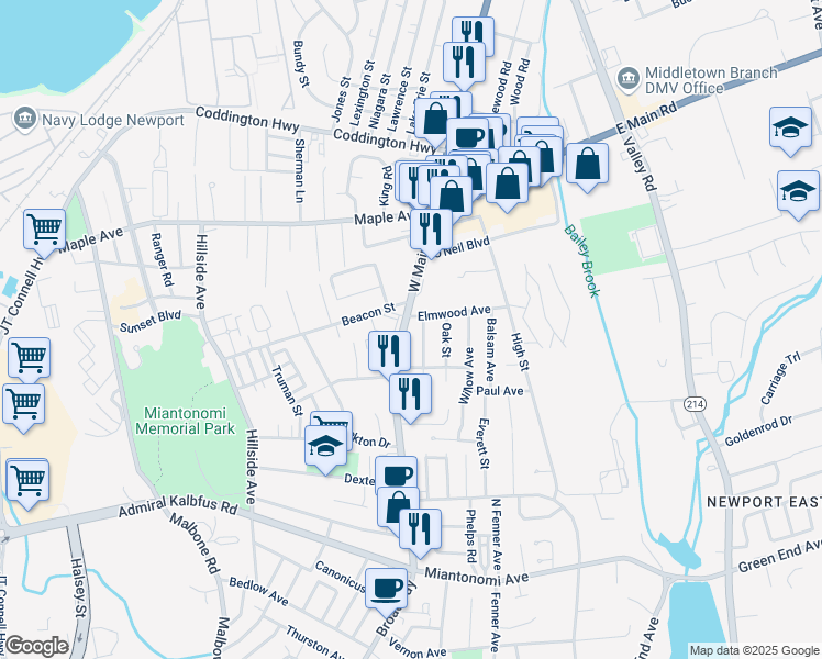map of restaurants, bars, coffee shops, grocery stores, and more near 43 Linden Street in Middletown