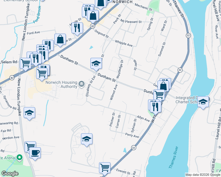 map of restaurants, bars, coffee shops, grocery stores, and more near 21 Wilmot Avenue in Norwich