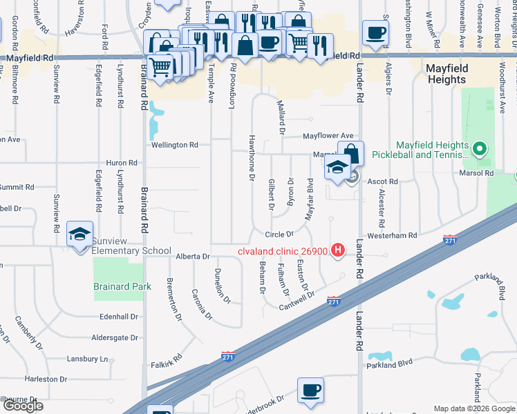 map of restaurants, bars, coffee shops, grocery stores, and more near 1725 Hawthorne Drive in Mayfield Heights