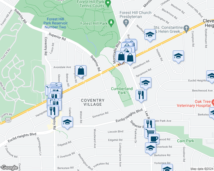 map of restaurants, bars, coffee shops, grocery stores, and more near 14287 Superior Road in Cleveland Heights