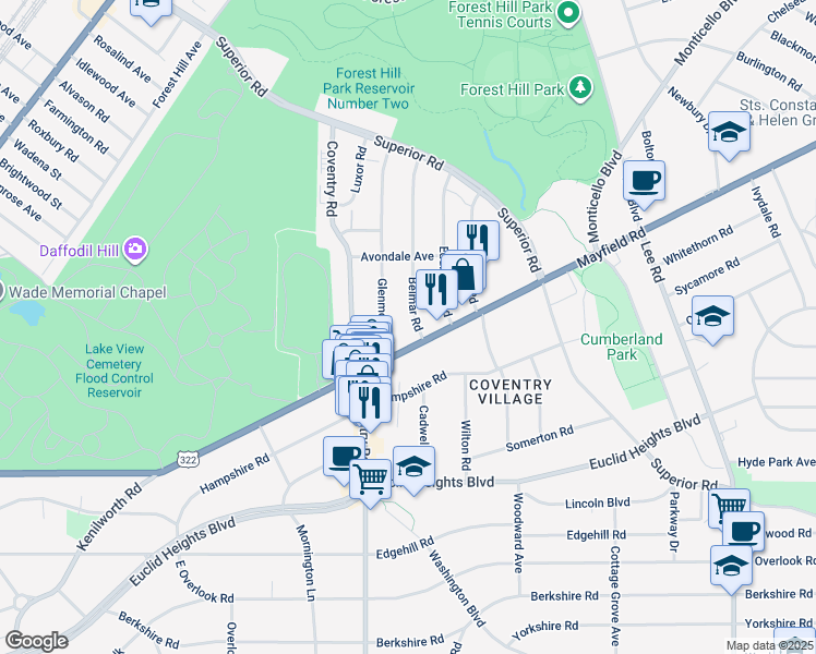 map of restaurants, bars, coffee shops, grocery stores, and more near 1722 Glenmont Road in Cleveland Heights